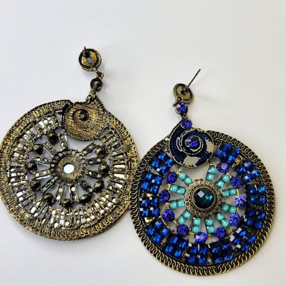 Cobalt Blue Rhinestone Circular Statement Earrings - image 3